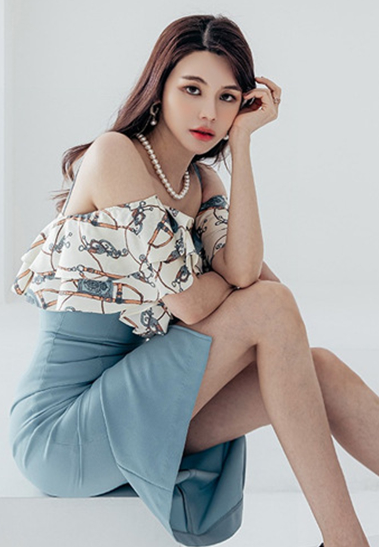 Sexy Suspender Print Ruffled Hip One Piece Dress A22022529BL-S