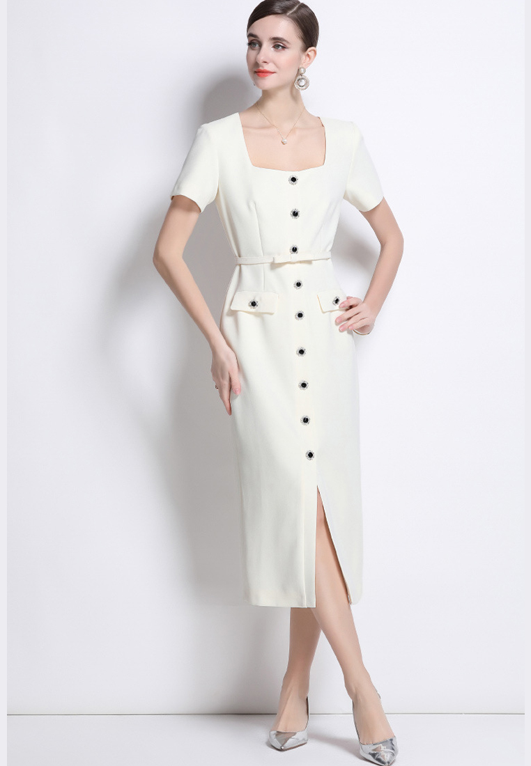 Summer new retro off-white high waist slim dress CA225042262BE