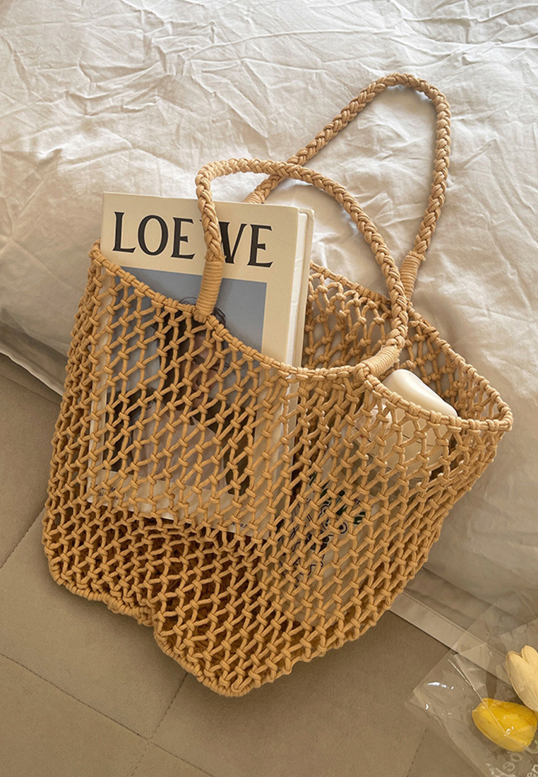 New chic single-shoulder vacation cotton rope woven hollow beach bag CA25061762BE