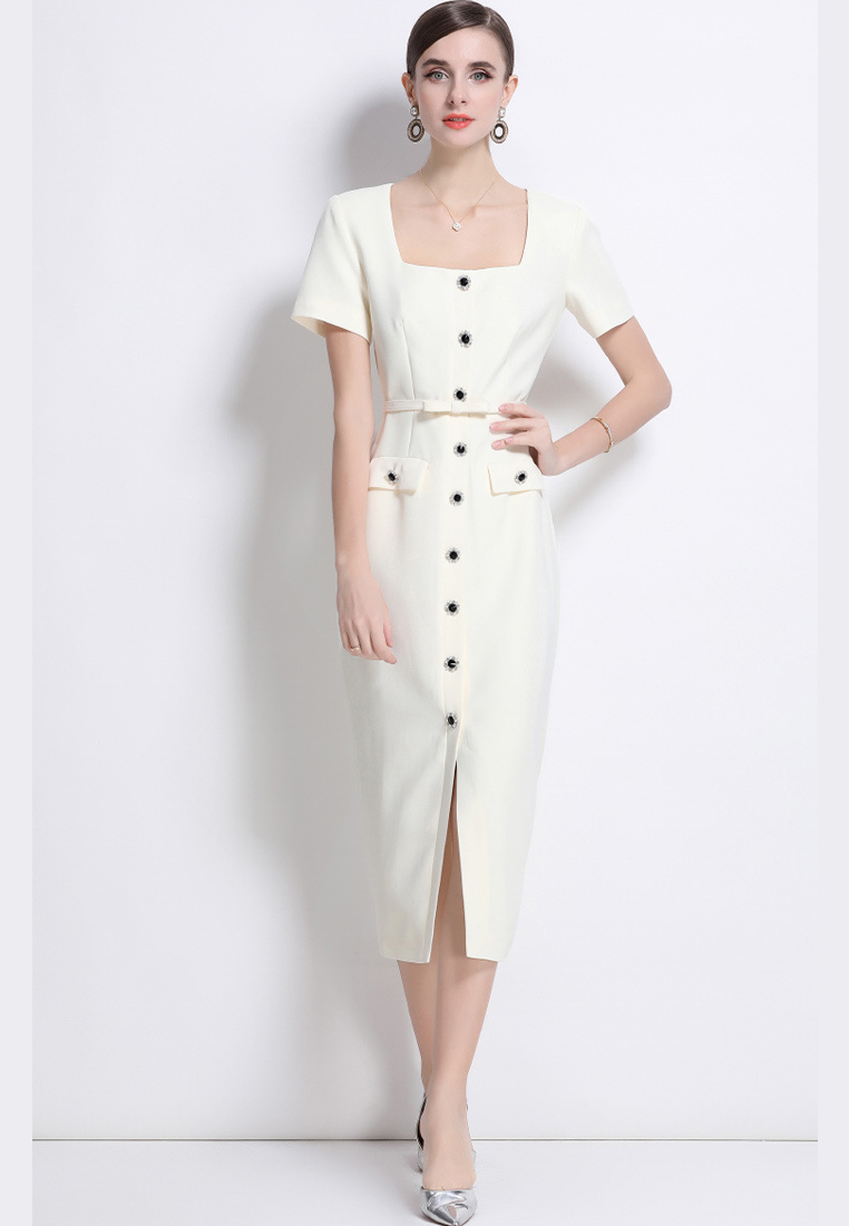 Summer new retro off-white high waist slim dress CA225042262BE