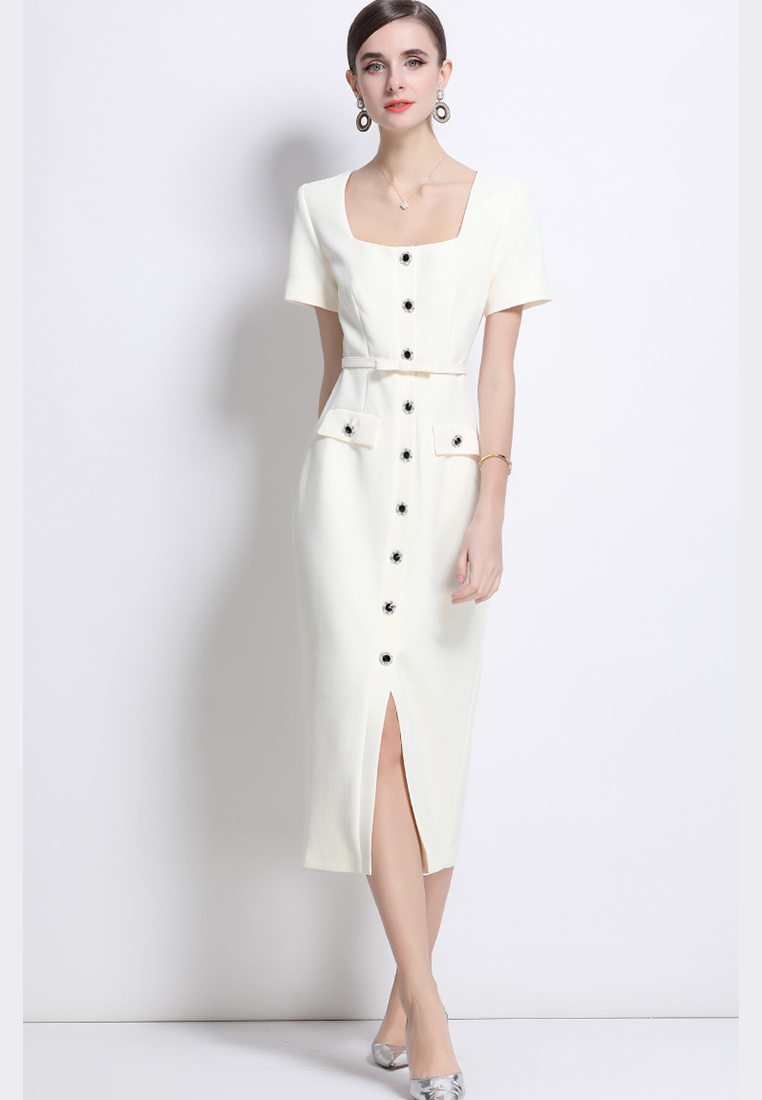 Summer new retro off-white high waist slim dress CA225042262BE