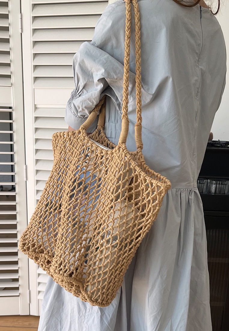 New chic single-shoulder vacation cotton rope woven hollow beach bag CA25061762BE