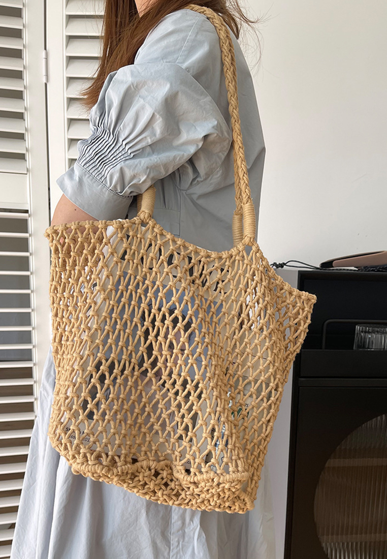 New chic single-shoulder vacation cotton rope woven hollow beach bag CA25061762BE