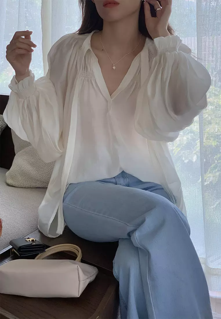 French ribbon V-neck long sleeved top CA24092511GR