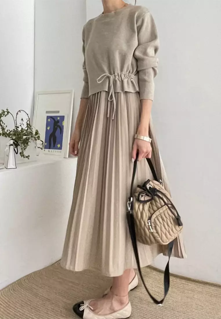 Casual versatile knitted sweater pleated camisole half skirt set CA24092736GY