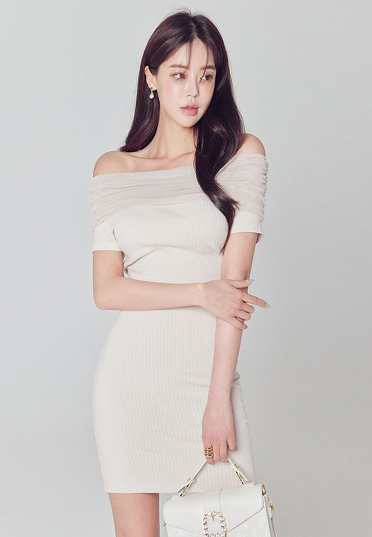 2023 New Sexy Off-shoulder Ruched Mesh Bodycon Dress CA061363