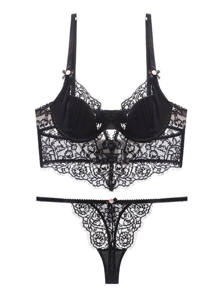 French Eyelash Lace Hollow Chest Strap Thin Section Push Up Shape Sexy Bra Set CA23050463W