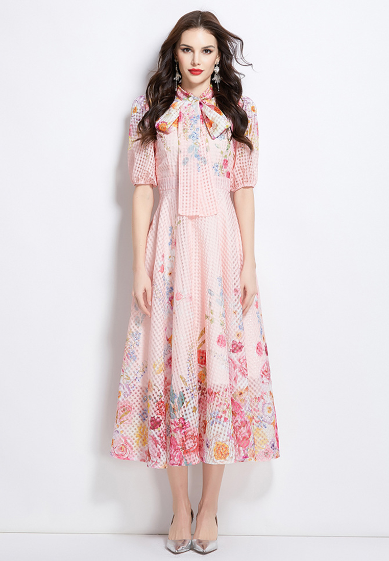 European and American bow tie puff sleeve printed dress CA225042263PI
