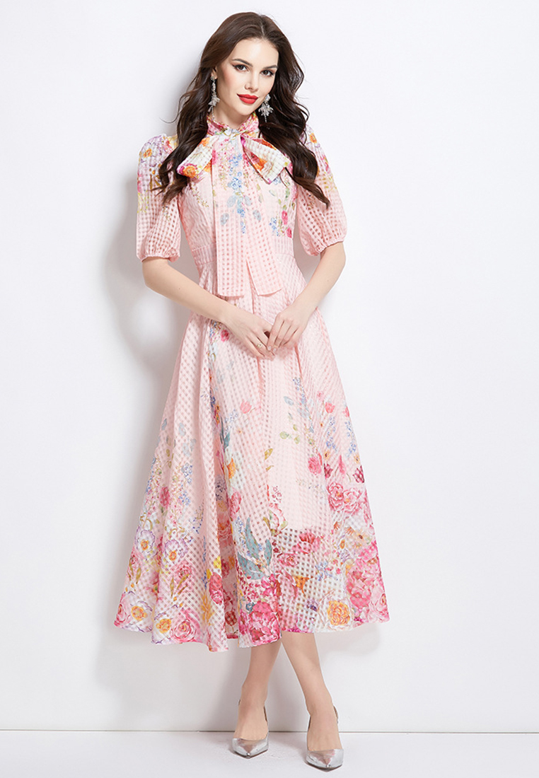 European and American bow tie puff sleeve printed dress CA225042263PI
