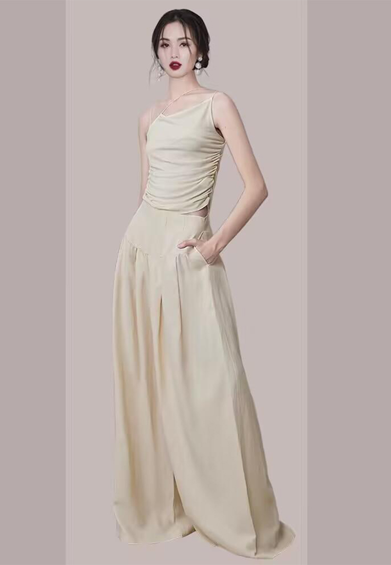 Casual drape loose pleated wide leg pants suit CA100563