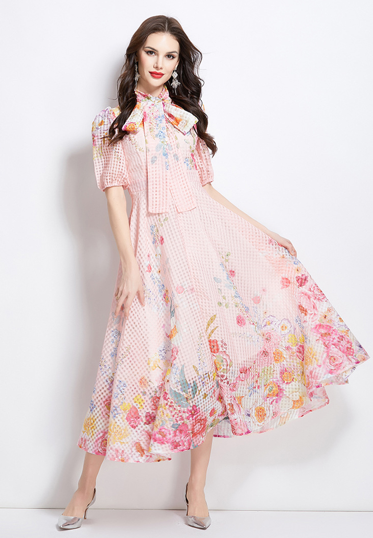 European and American bow tie puff sleeve printed dress CA225042263PI
