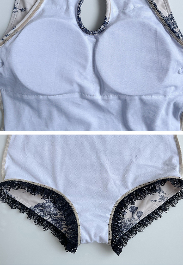 Vintage print classical cheongsam one-piece swimsuit CA24032163