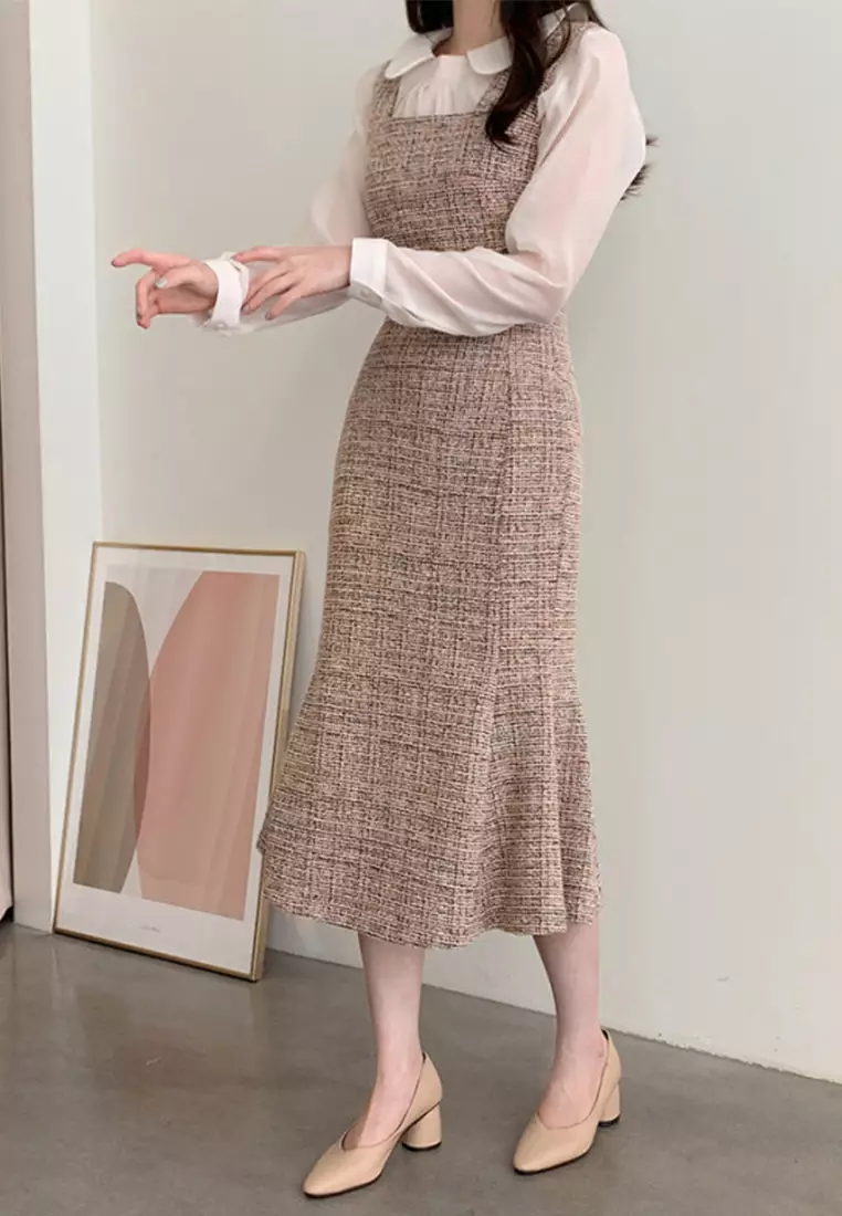 Vintage long shoulder strap dress with temperament CA24092717BW