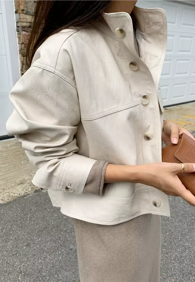 Single breasted loose leather jacket, casual cardigan jacket CA24092724BK