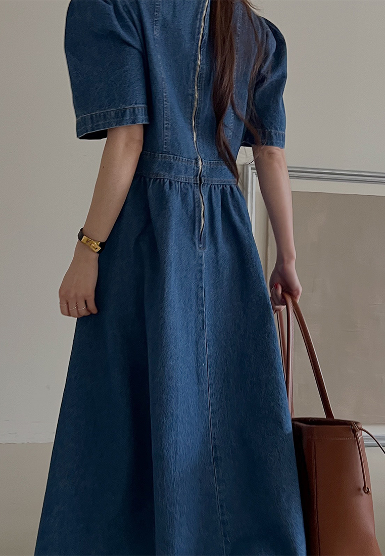 Korean summer retro square neck slimming bubble sleeve dress CA25032725BL