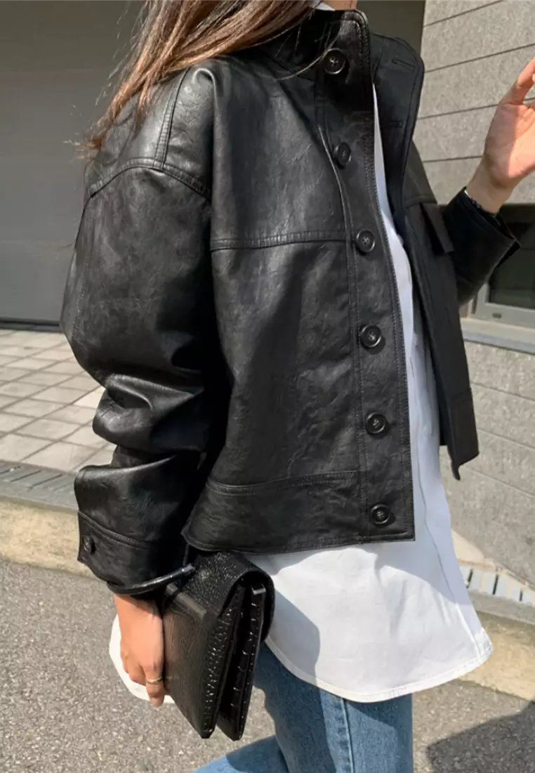 Single breasted loose leather jacket, casual cardigan jacket CA24092724BK