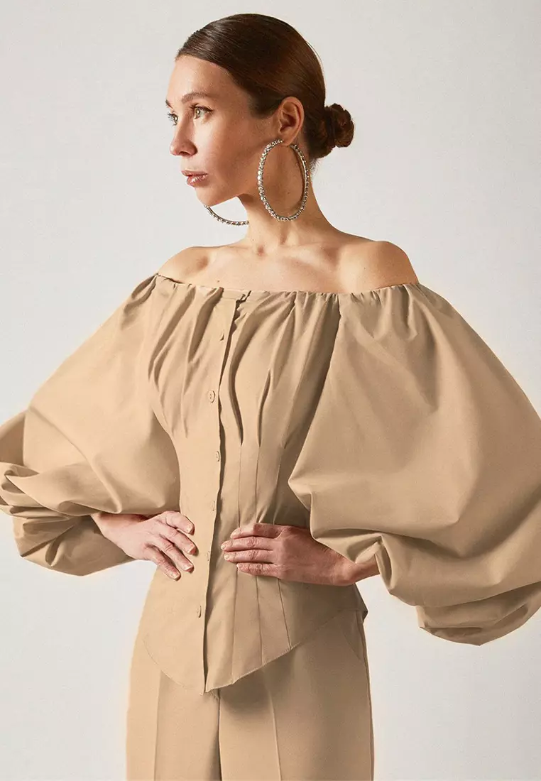 New design long sleeve puff lantern sleeve off shoulder shirt top A121824BW