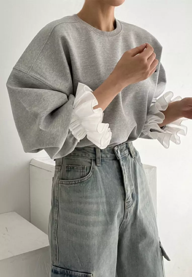 Fashionable patchwork round neck flared sleeve loose top CA24092518GY