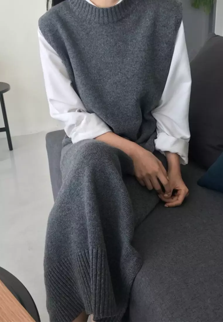Classic retro long knit vest dress CA24092516BK