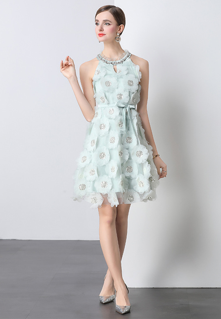 Summer French rhinestone off-shoulder dress CA225042265GR