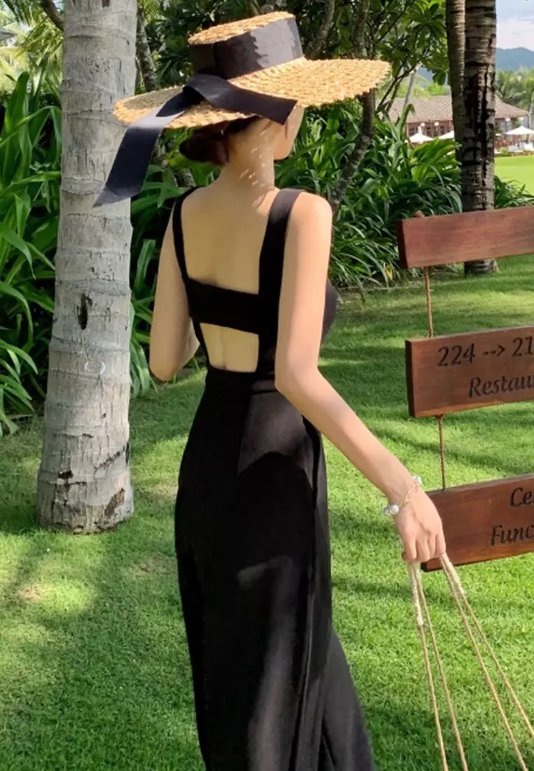 Black High Waist Open Back Wide Leg Jumpsuit A22022509