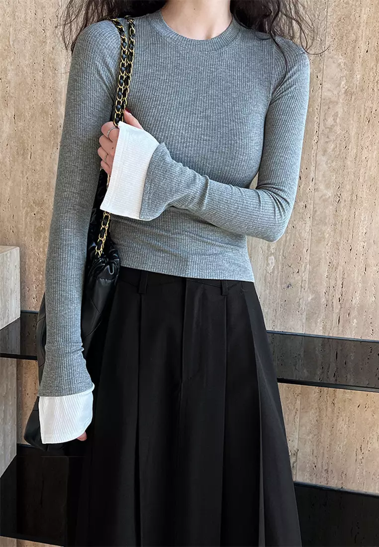 Classic patchwork flared sleeve knit sweater CA24092349GY