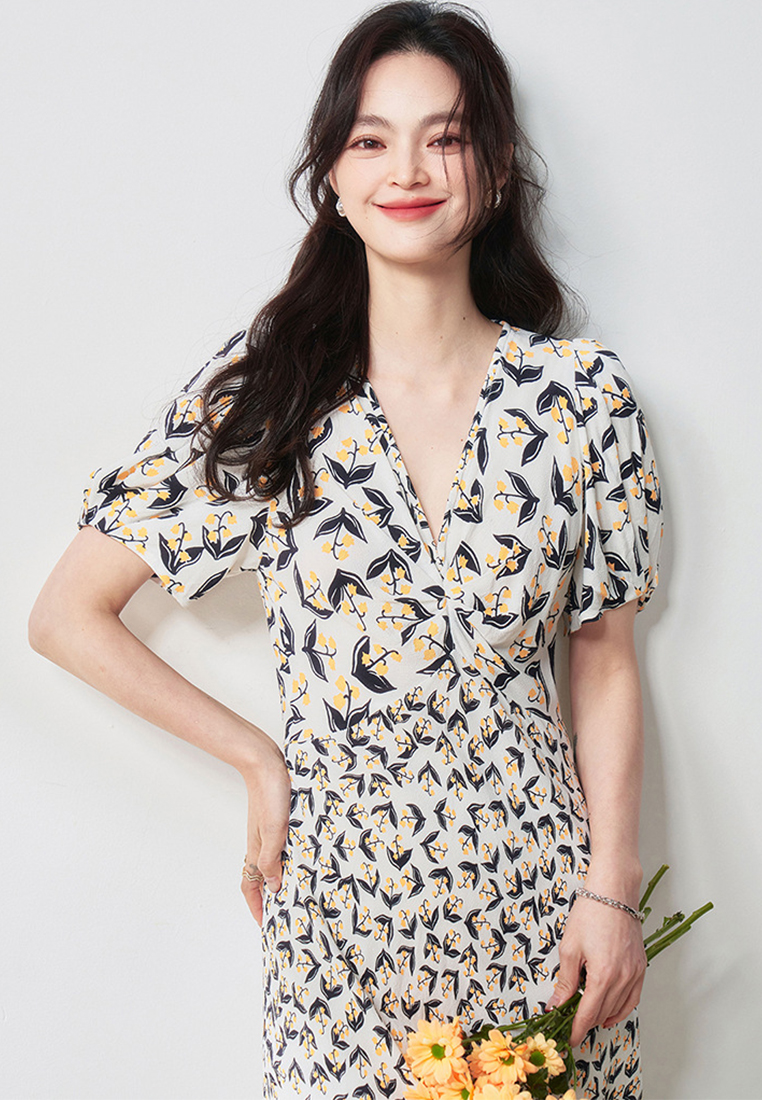 French style puff sleeve waist dress CA25060366W