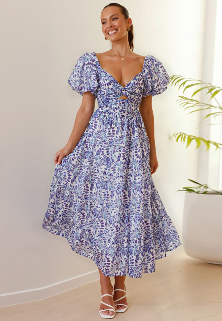 Summer casual printed waist cinched bubble sleeve dress CA25042266GR