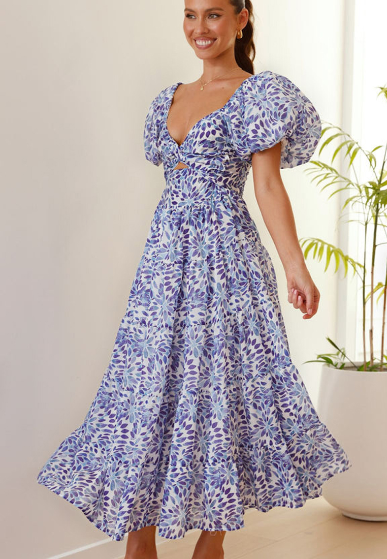 Summer casual printed waist cinched bubble sleeve dress CA25042266GR