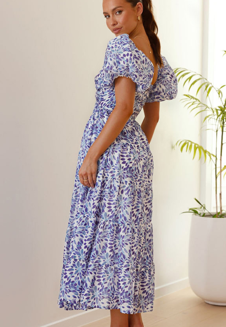 Summer casual printed waist cinched bubble sleeve dress CA25042266GR