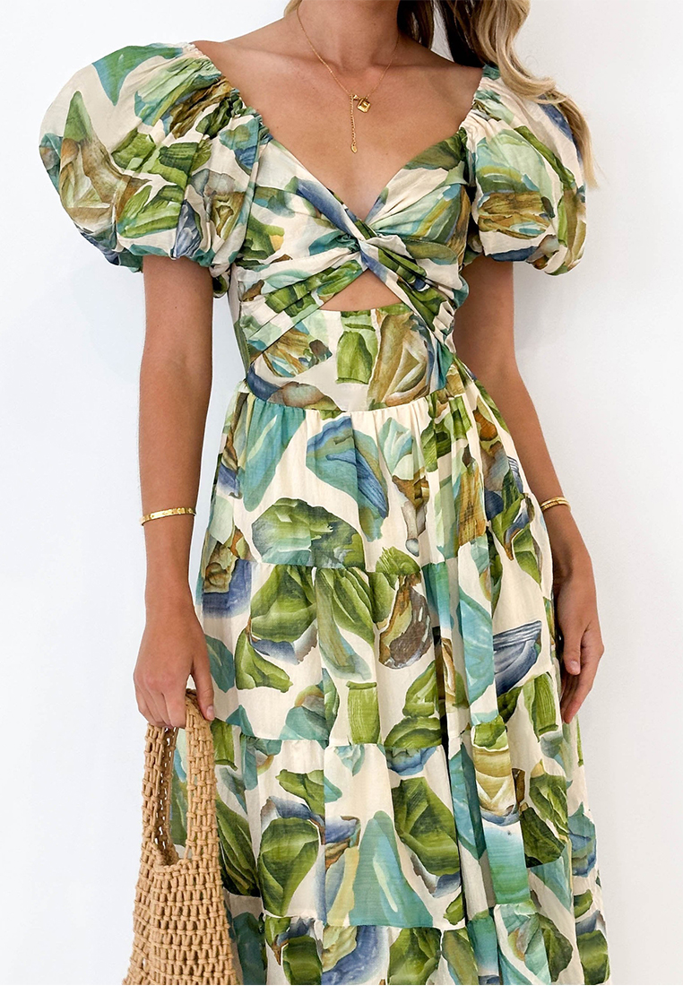 Summer casual printed waist cinched bubble sleeve dress CA25042266GR