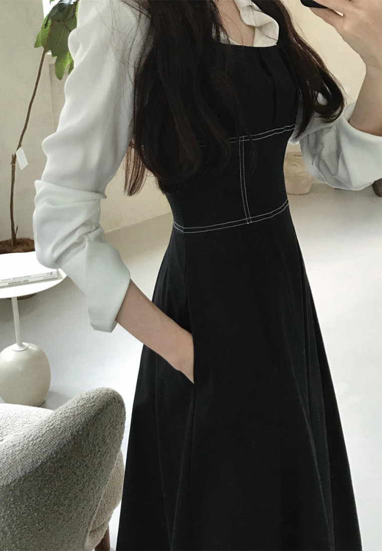 2024 Vintage Elegant Waist Wrapped Two tone Dress CA24041066W