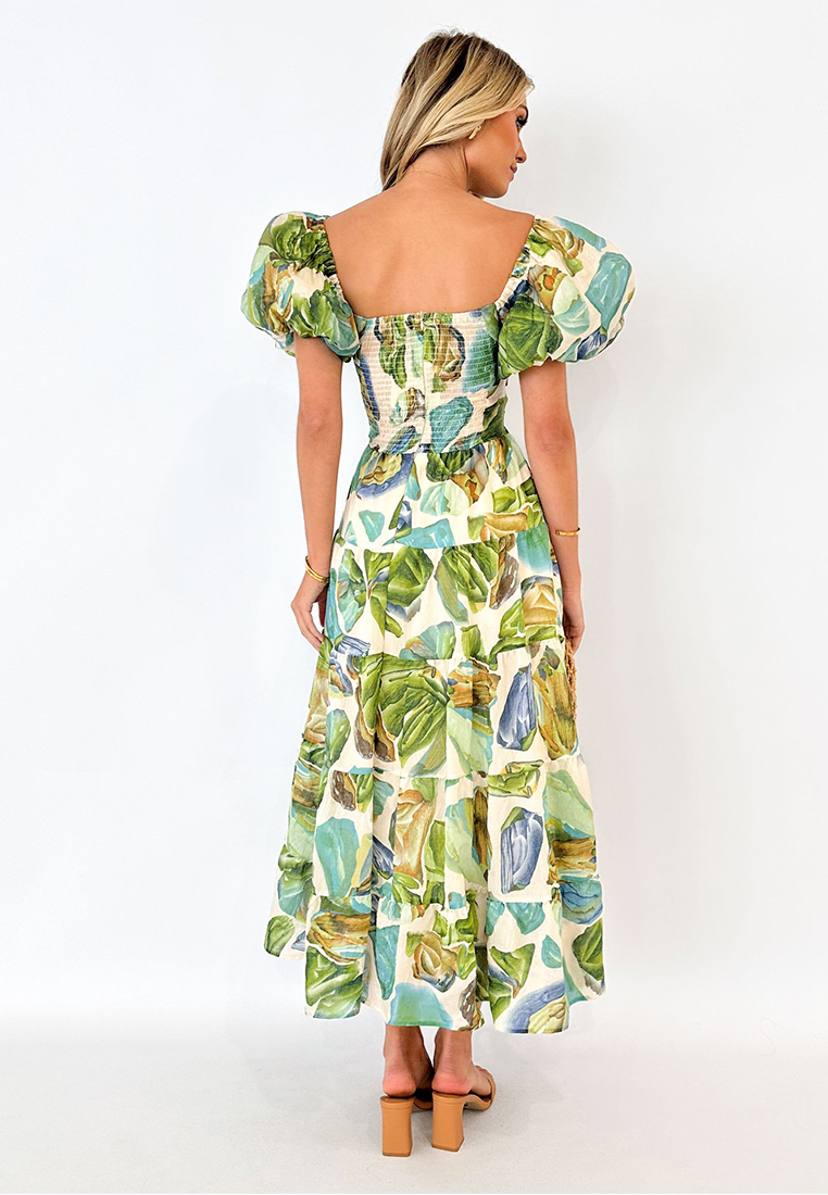 Summer casual printed waist cinched bubble sleeve dress CA25042266GR