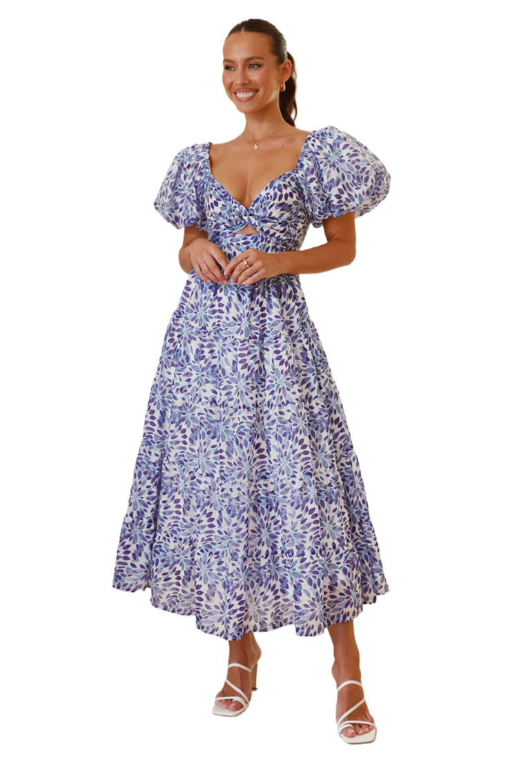 Summer casual printed waist cinched bubble sleeve dress CA25042266GR