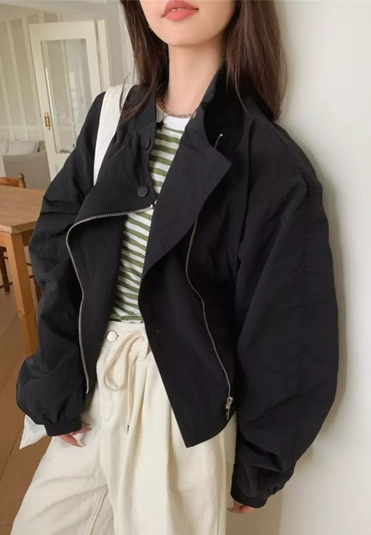 Stand up collar zipper solid color jacket CA24092327BK