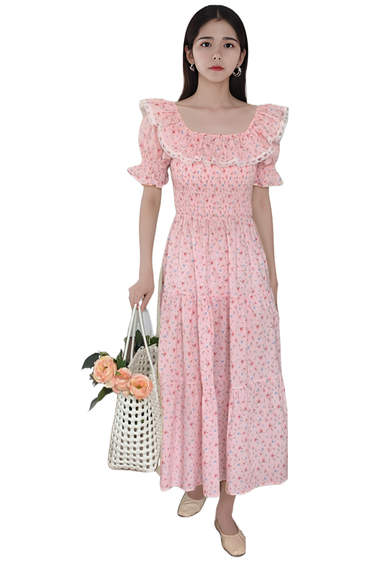 French square neck gentle flared sleeve dress CA25032735PI