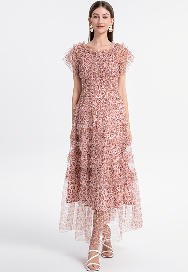 French off-shoulder puff sleeve leopard print mesh dress CA25021352MT