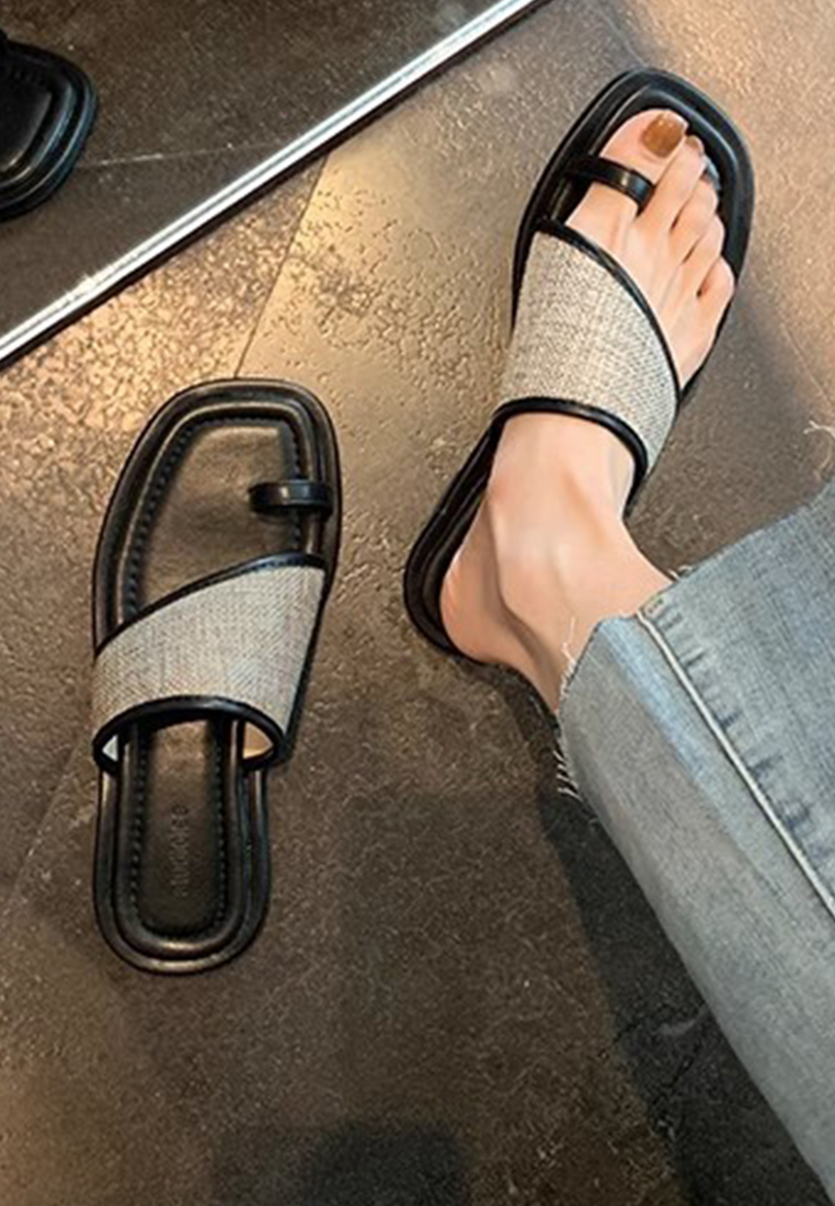 Summer square-toed straw beach flat slippers CA225042227BW