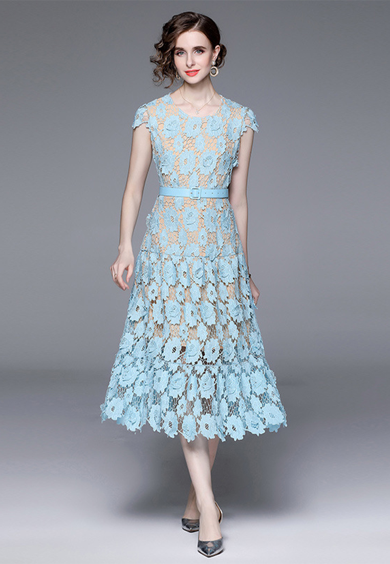 2023 Summer New Round Neck Puff Sleeve Hollow Out Flare Dress CA061367