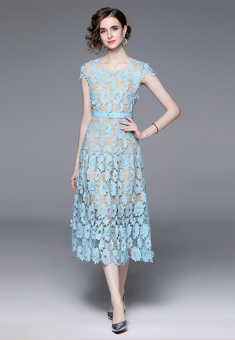 2023 Summer New Round Neck Puff Sleeve Hollow Out Flare Dress CA061367