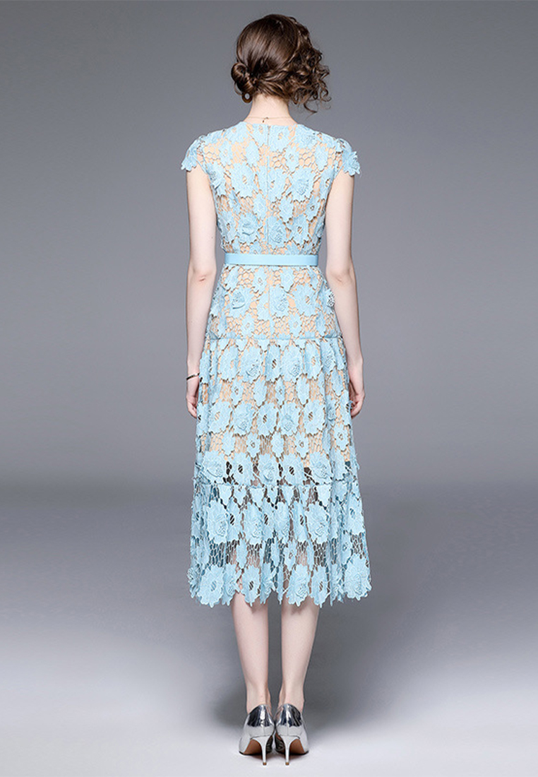 2023 Summer New Round Neck Puff Sleeve Hollow Out Flare Dress CA061367