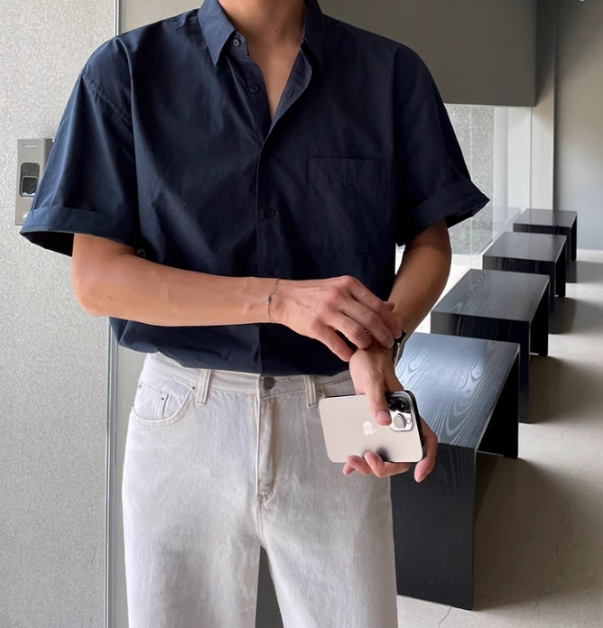 Men's short sleeve all-match solid color shirt CA24051467BL