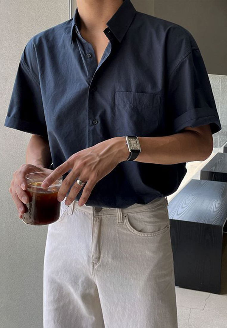 Men's short sleeve all-match solid color shirt CA24051467BL