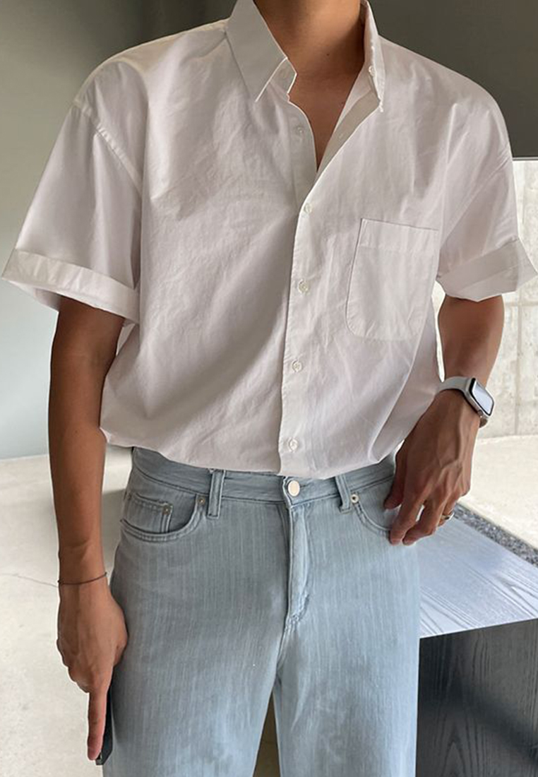 Men's short sleeve all-match solid color shirt CA24051467BL