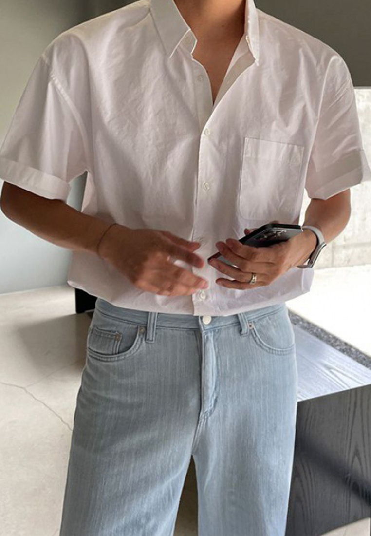 Men's short sleeve all-match solid color shirt CA24051467BL