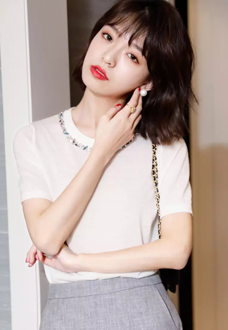 Korean Style Woolen Beaded Ultra-Thin Top A21031903BK