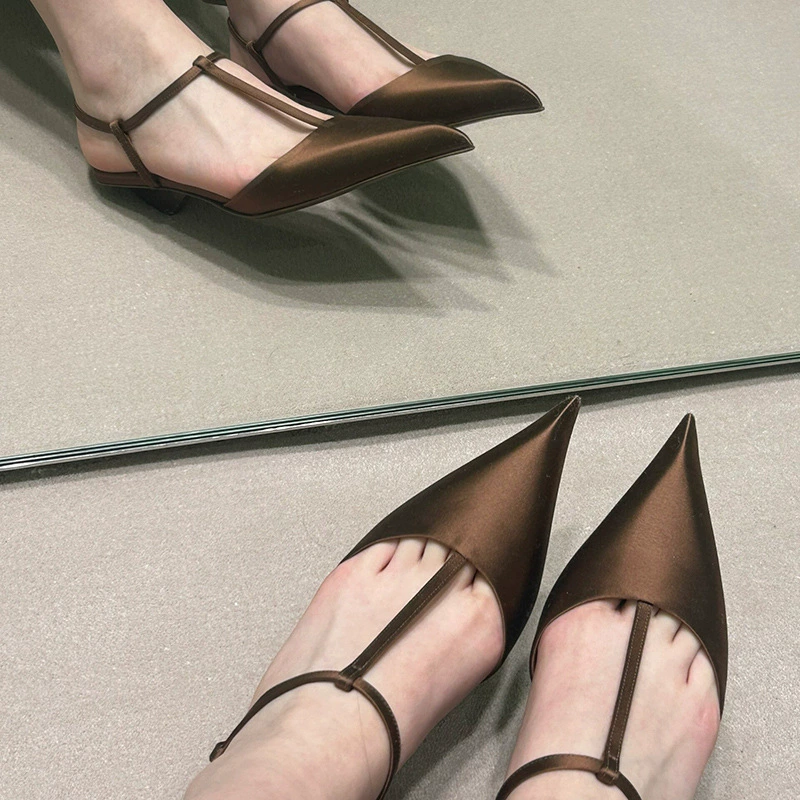 French new satin mid-heel pointed shoes CA25021345BK