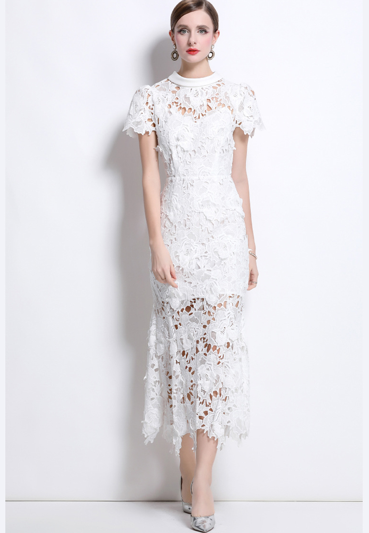 Summer three-dimensional flower water-soluble lace dress CA225042267W