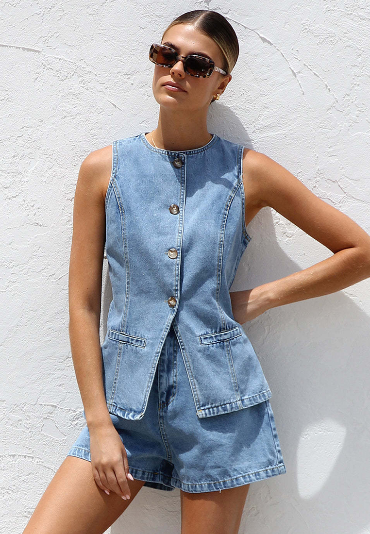 New Fashion Sleeveless Top High Waist Loose Denim Shorts Set CA25042268DGBL