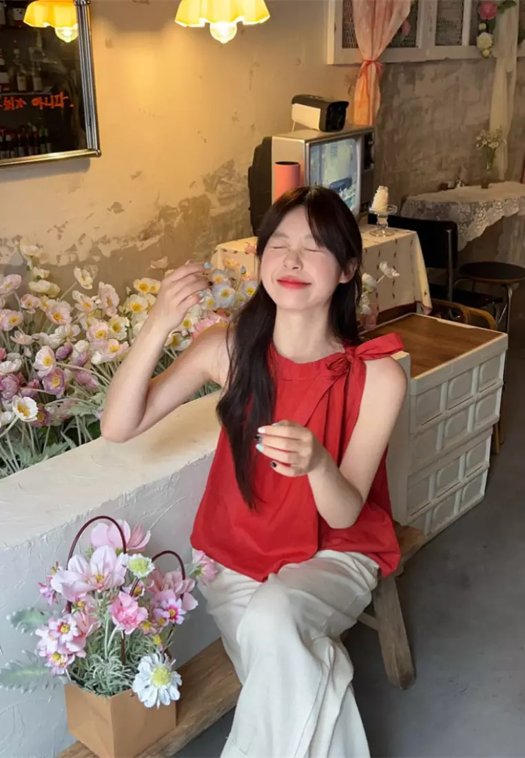 New Dopamine Series Lace-up Sleeveless Vest Passionate Red Top K062553RD-XL